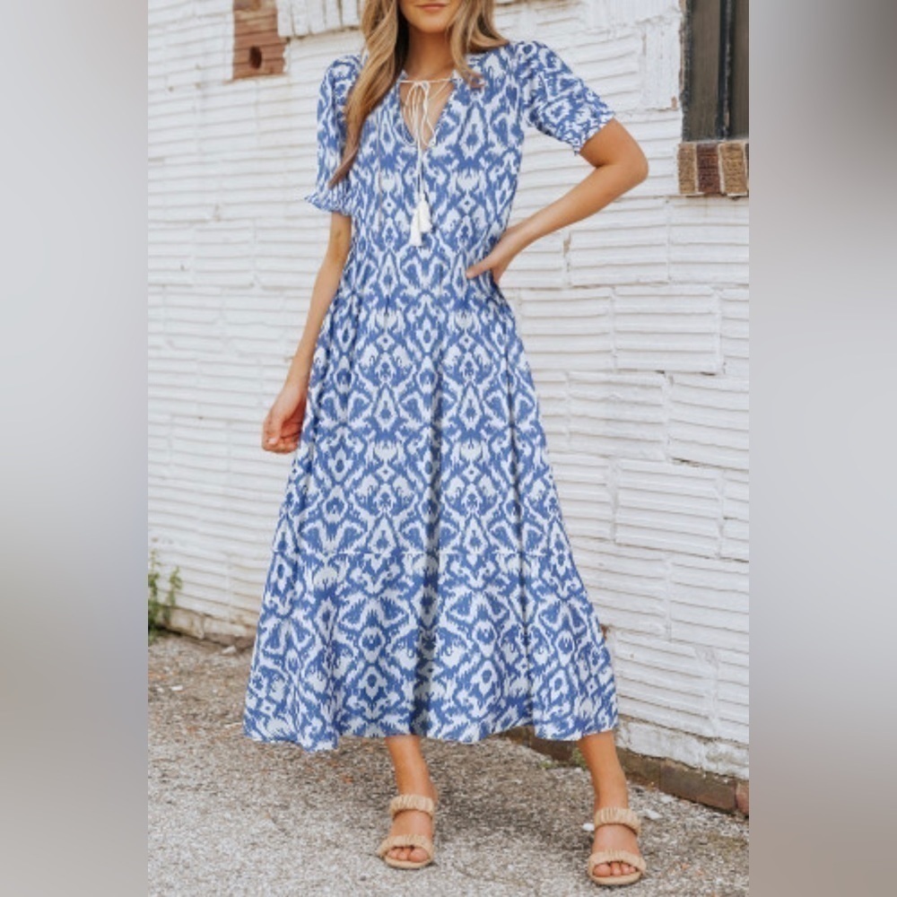 Sky Blue V neck casual geometric print maxi dress